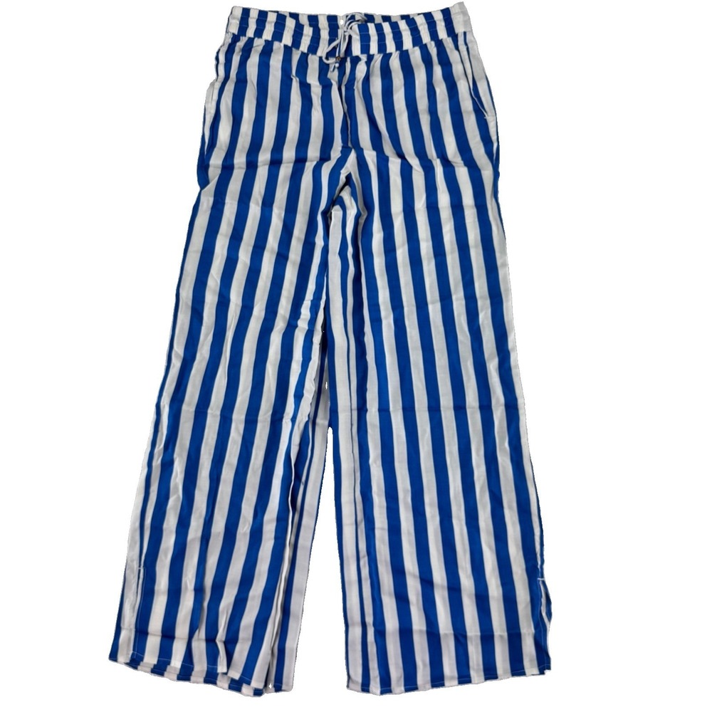 Candace Cameron Bure Printed Wide Leg Pants Small Blue White Striped